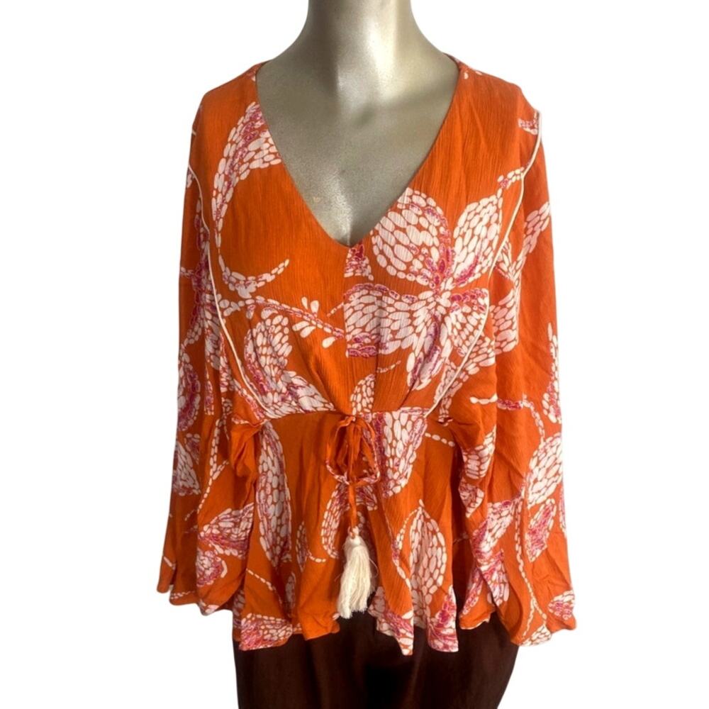 Maurices Women's Medium Floral Boho Peasant Top Tassel Orange Cream